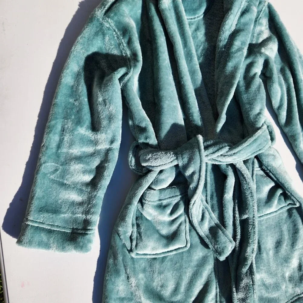 Lands' End Kid's Boy's Plush Fleece Robe Pajamas PJs PJ Set Teal Green Size XS